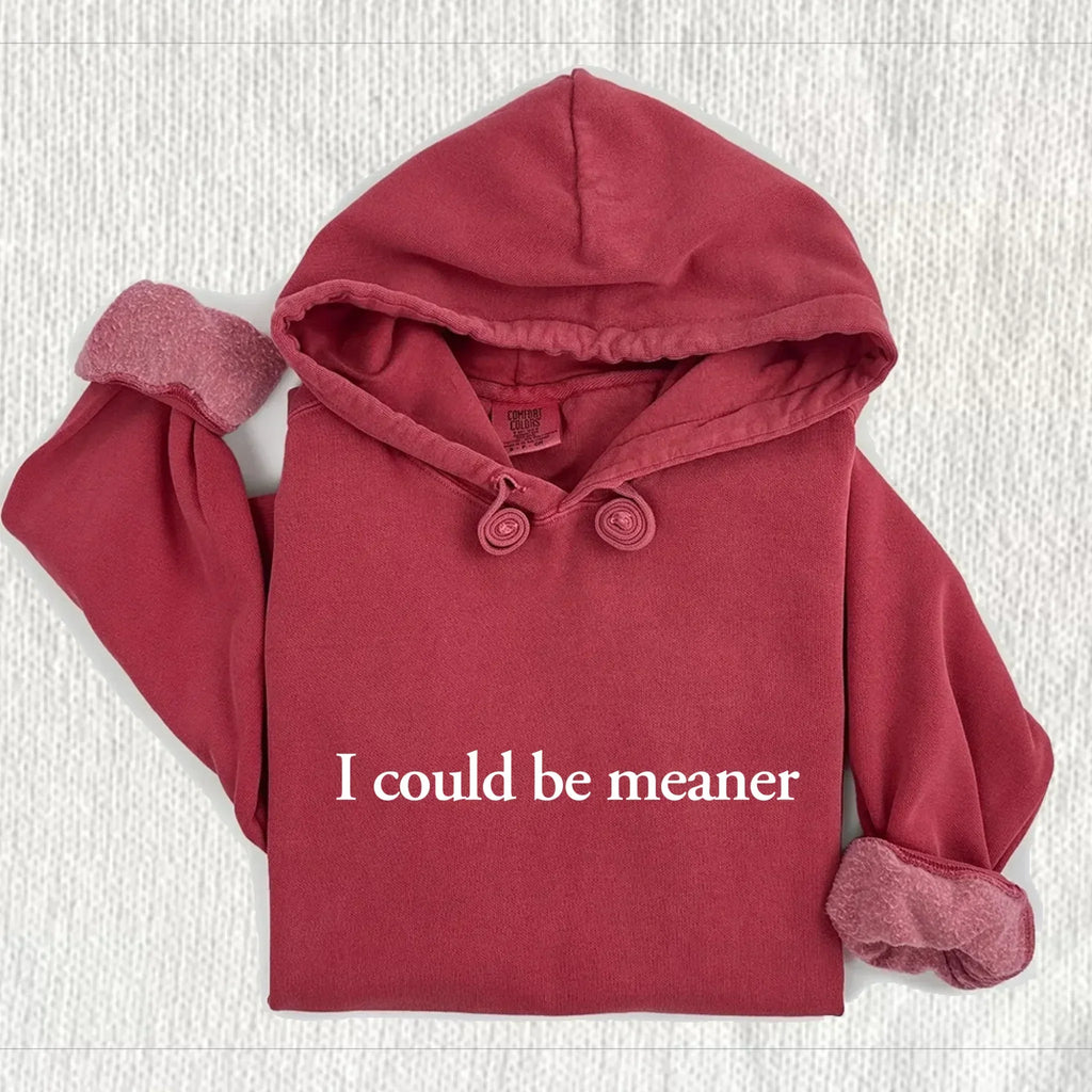 Crimson red hoodie sweatshirt with buttoned eyelets on the drawstring hood