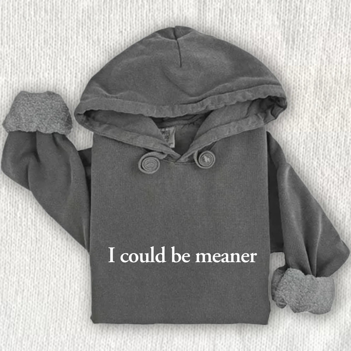 Charcoal gray hoodie sweatshirt with drawstring hood and front kangaroo pocket
