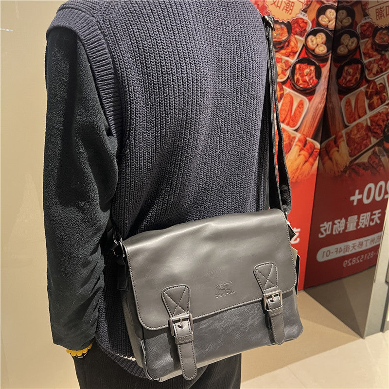 Retro Mens Japanese And Korean Casual Simple Shoulder Fashion Messenger Bag PU Leather Travel Everyday Use