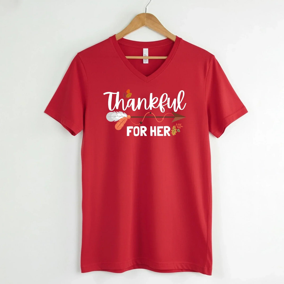 Red V-neck T-shirt with 'Thankful for HER' text graphic