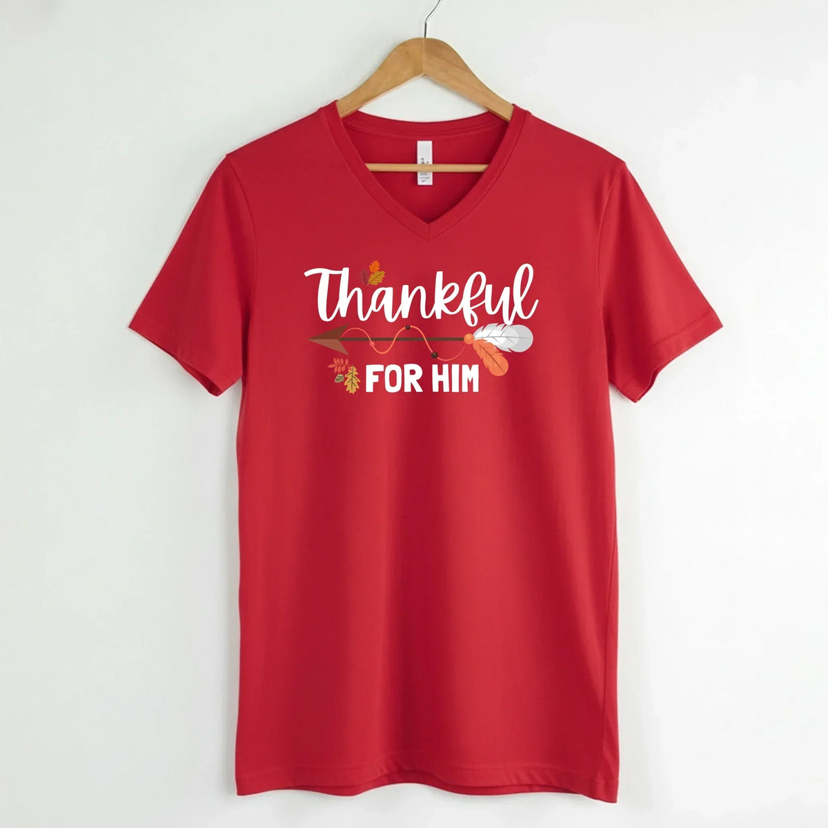 Red V-neck T-shirt with 'Thankful for HIM' text graphic