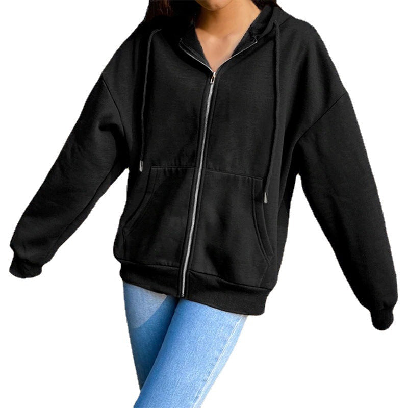 Women's hooded zip-front jacket in black with front zipper, drawstring hood, and kangaroo pocket