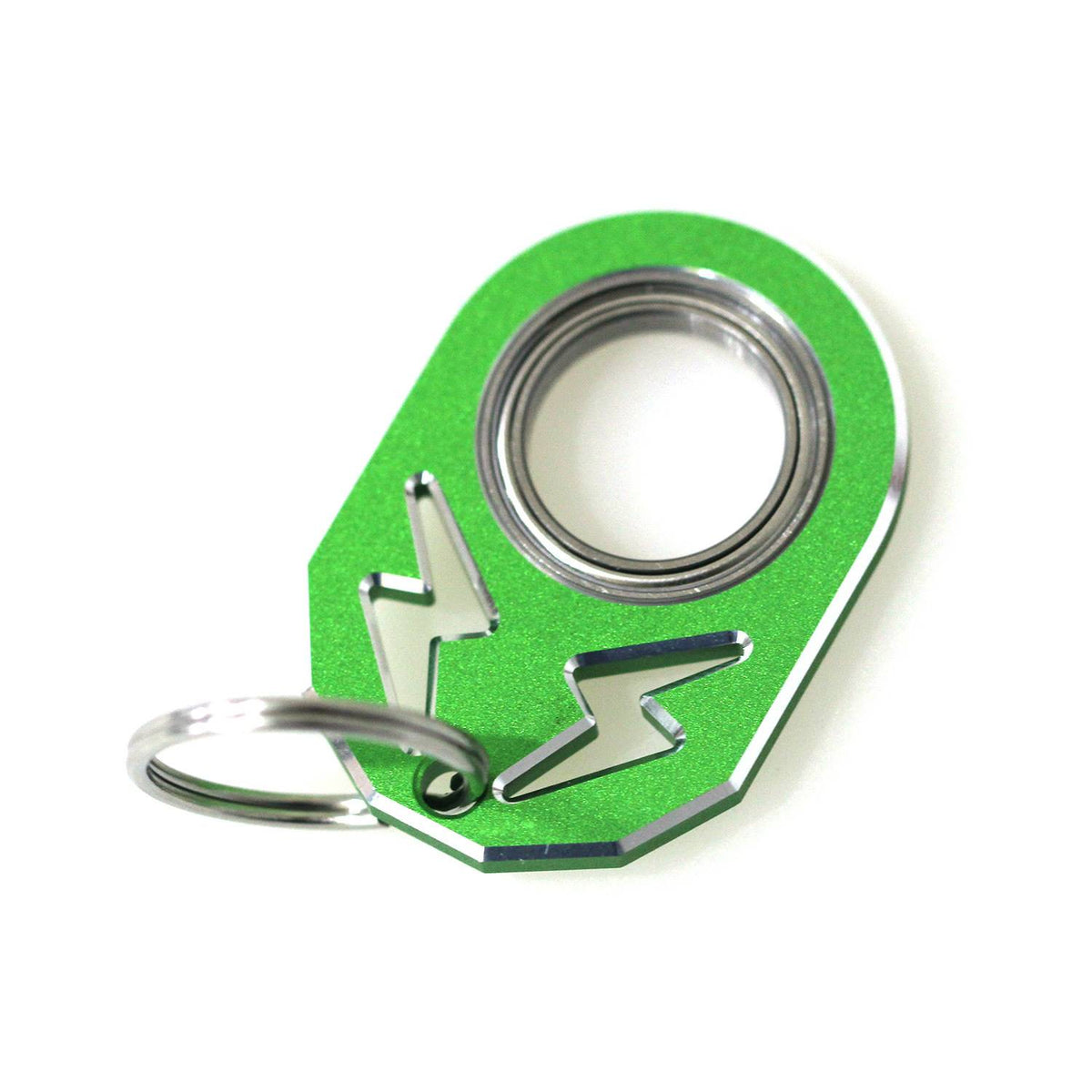 Green rotating key chain with silver ring and hook.