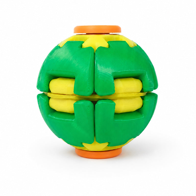Front view of green and yellow 3D printed spinning fidget ball