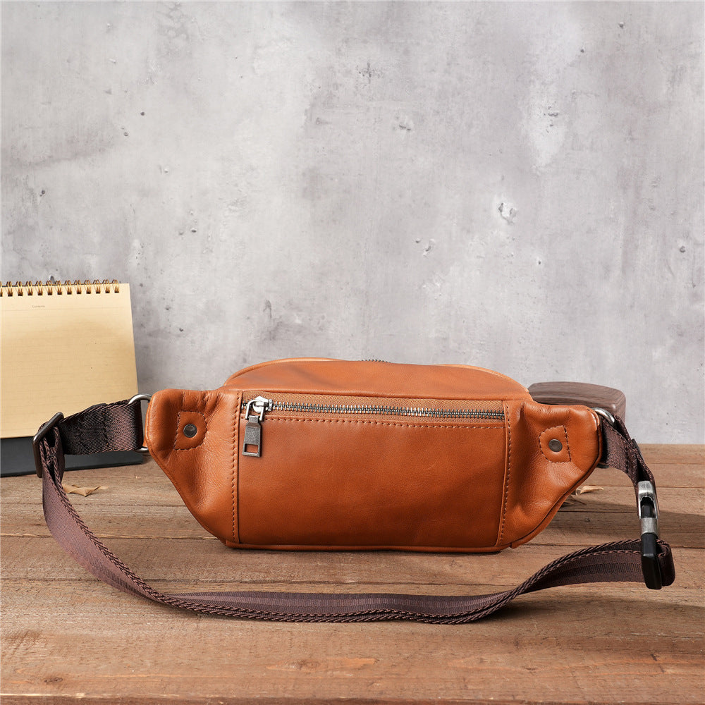 Baotou Layer Cowhide Phone Belt Crossbody Chest Bag Large Capacity For Travel And Sports