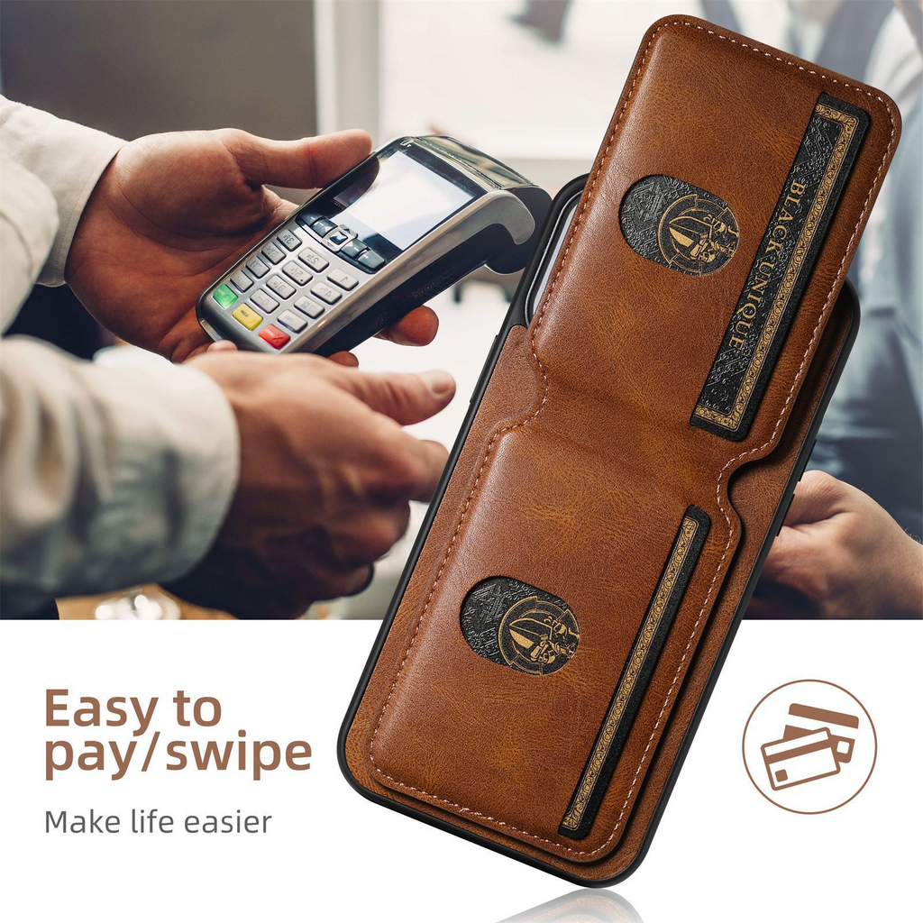 Brown leather phone case with card holder slot and embossed emblem on front panel