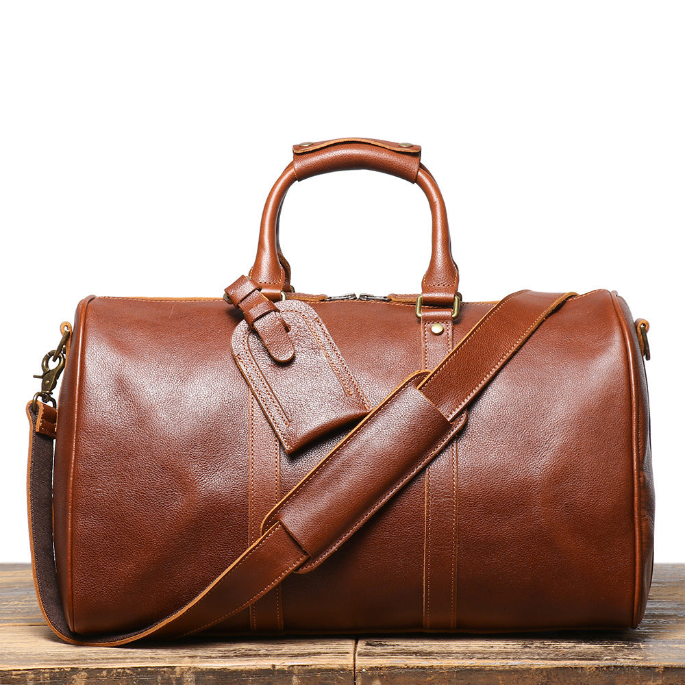 Men's Genuine Leather Shoulder Crossbody Gym Bag 20-35L Cowhide Luggage With Sewing Thread Sugar Brown Or Dark Coffee