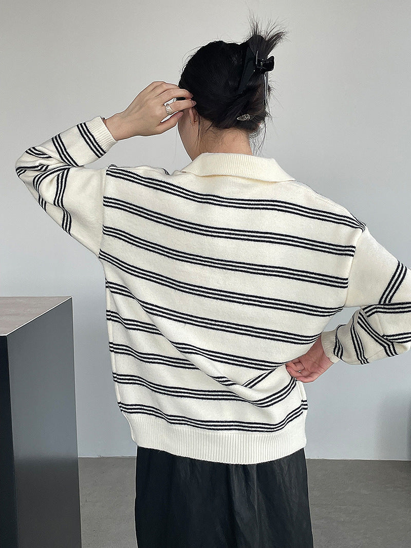 Korean Style Idle Style Polo Collar Loose Striped Knitted Sweater