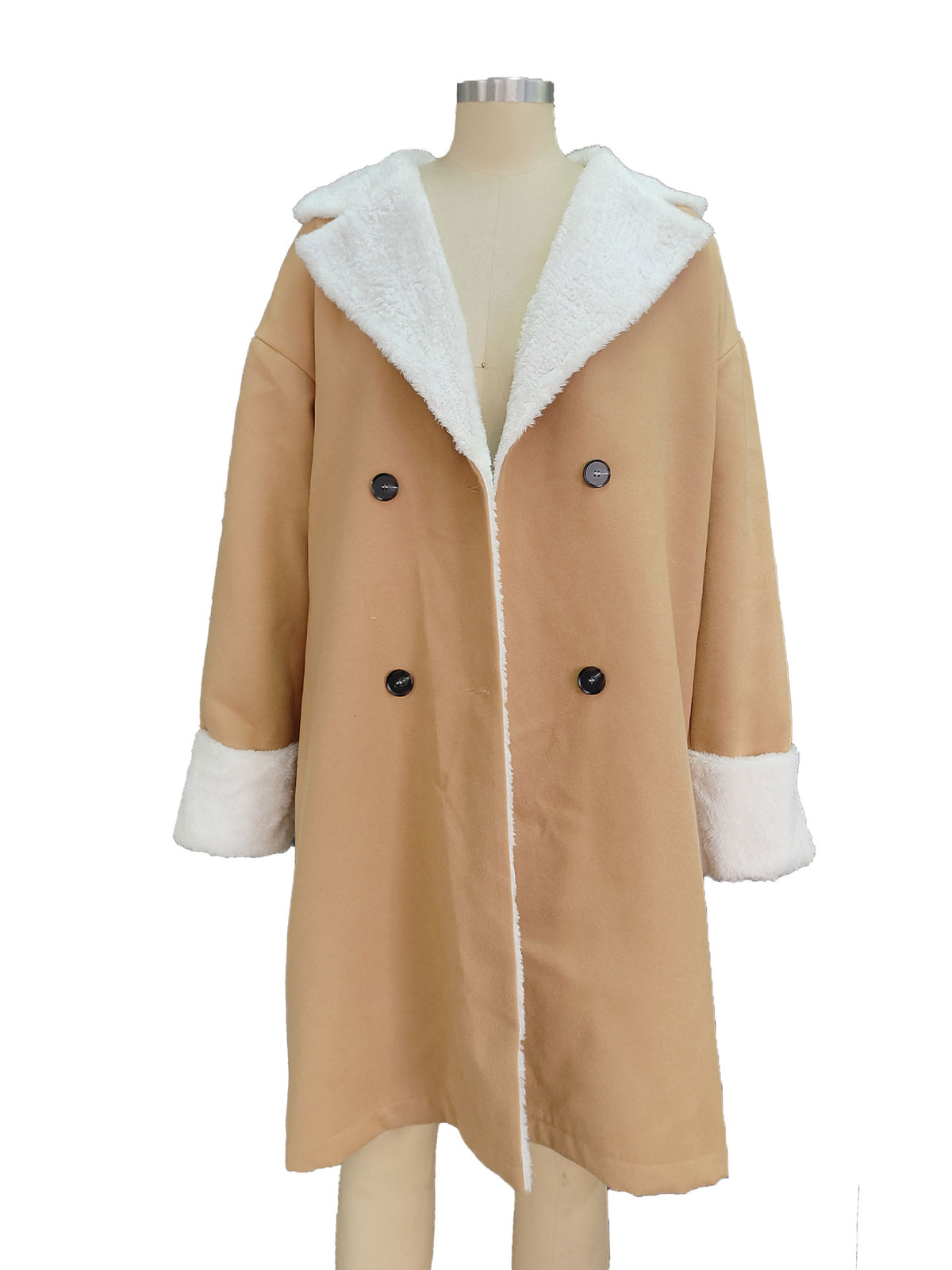 Women’s tan wool coat on mannequin with white sherpa collar and double-breasted button front