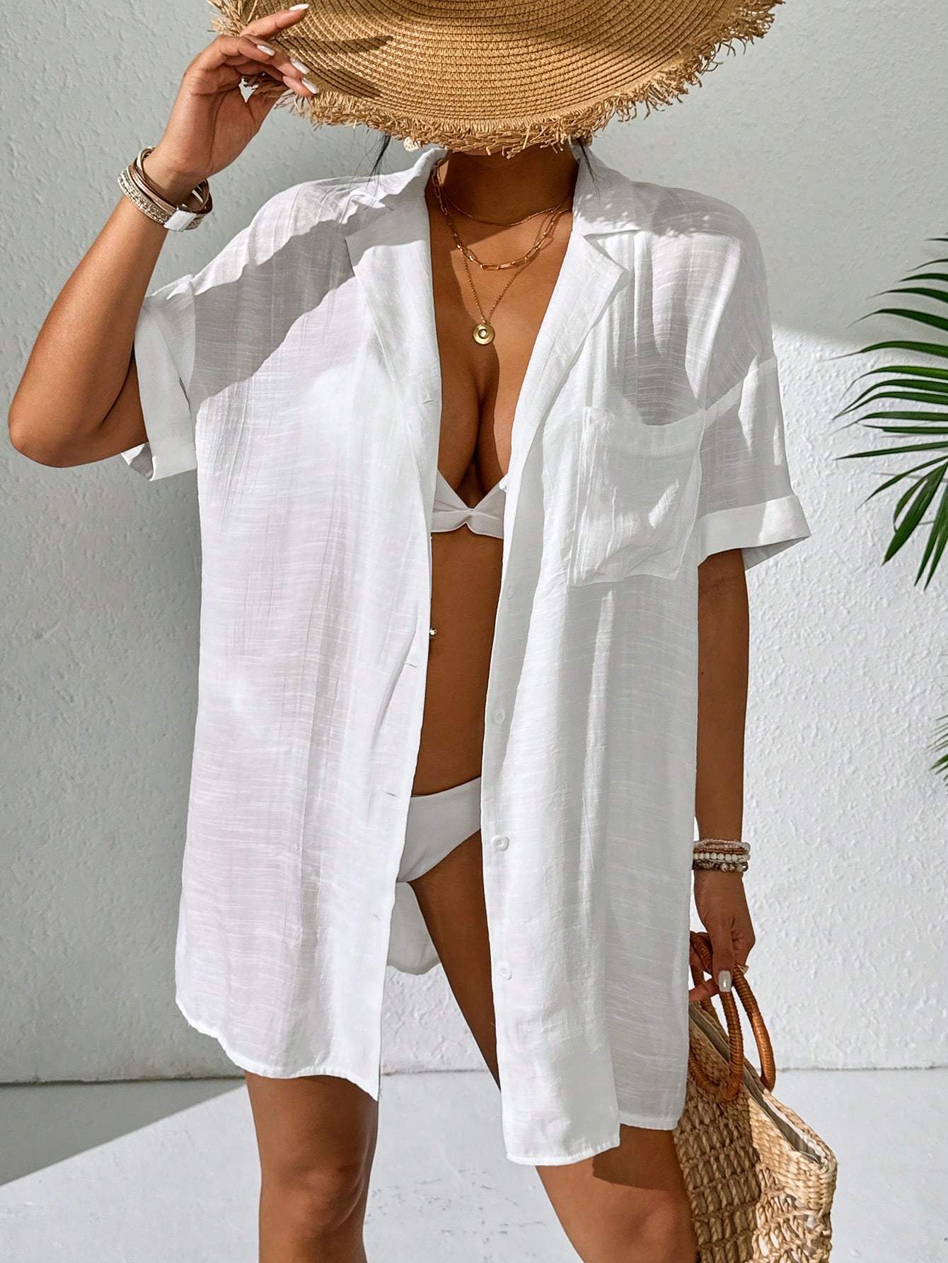 Women Simple Solid Color Short Sleeve Kimono Cover Up