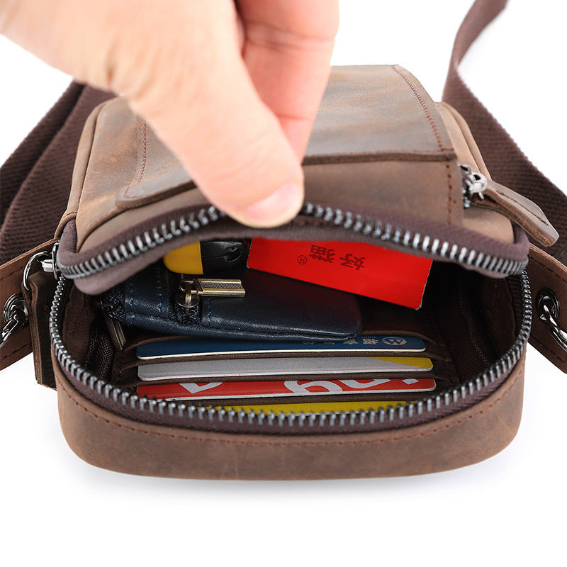 Men's One Shoulder Crossbody Bag Genuine Leather First Layer Cowhide Waterproof Phone Antibacterial Wear-Resistant