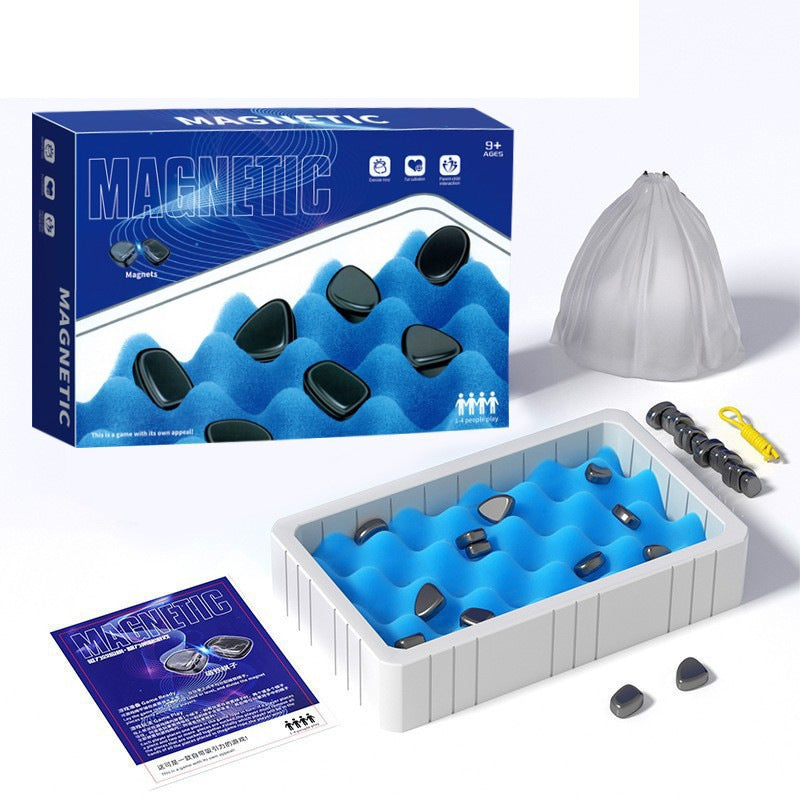 Magnetic chess game box with white tray, blue magnets, storage bag, and manual booklet