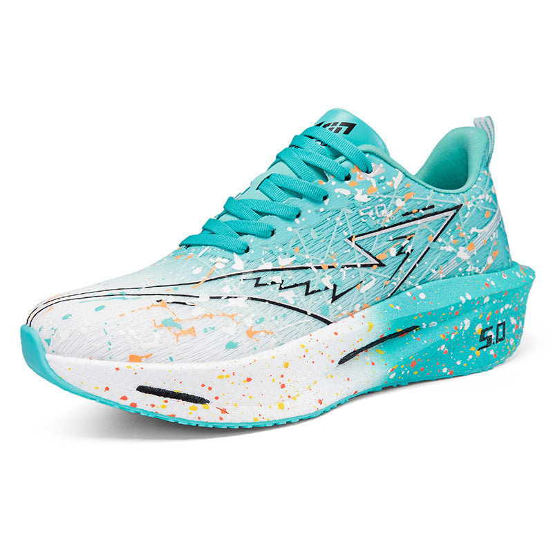 Iridescent patchwork running sneakers, turquoise lace-up with holographic speckle design