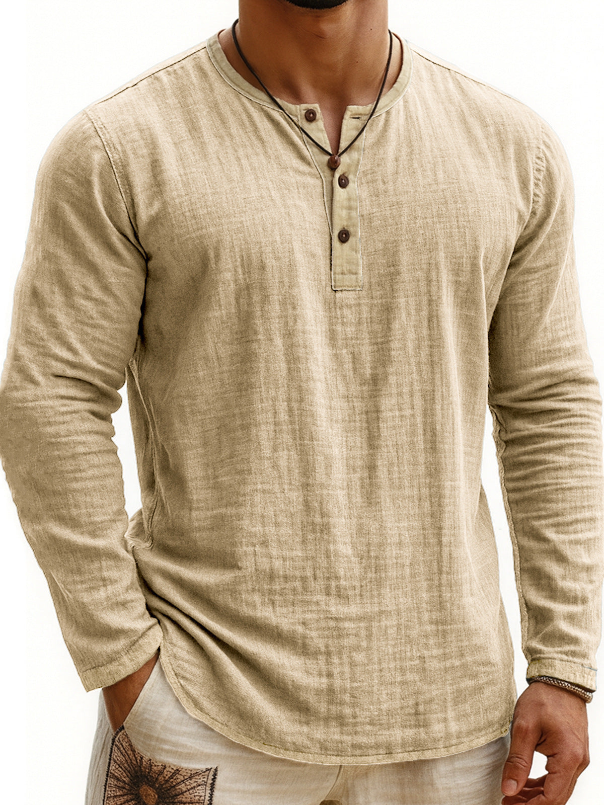 Digital Printing Two-tone Henley Shirt 3-button Men's Casual Long Sleeve