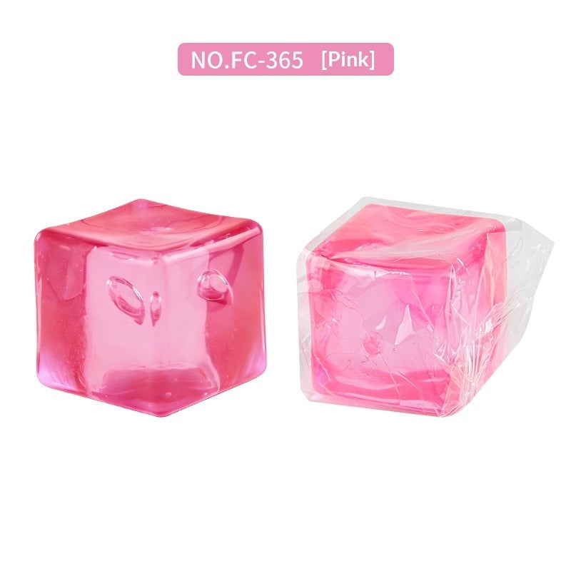 Pink transparent square fidget ball, with a matching plastic-wrapped option