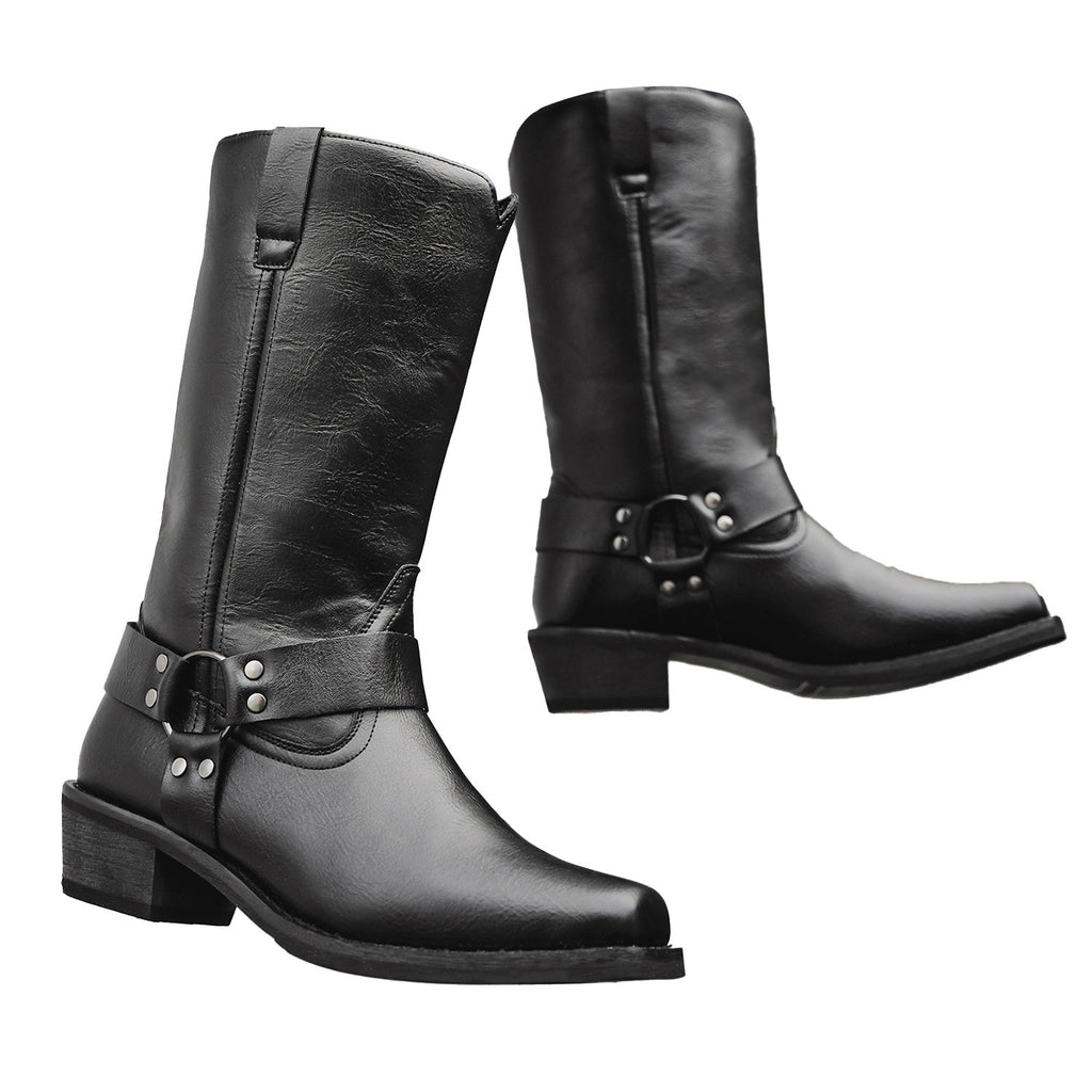 Black cowboy boots, square toe, chunky heel, slip-on shaft with buckle accents.