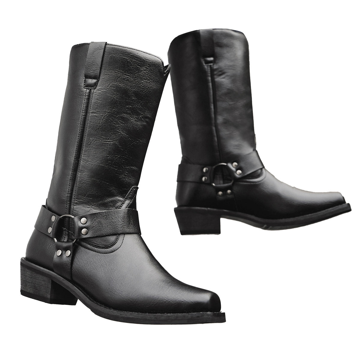 Black cowboy boots, square toe, chunky heel, slip-on shaft with buckle accents.