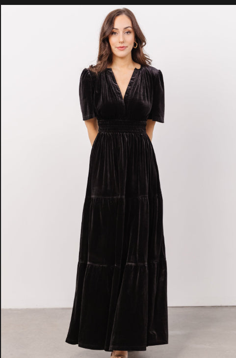 Women's black velvet puff-sleeve patchwork maxi dress, V-neck, tiered skirt