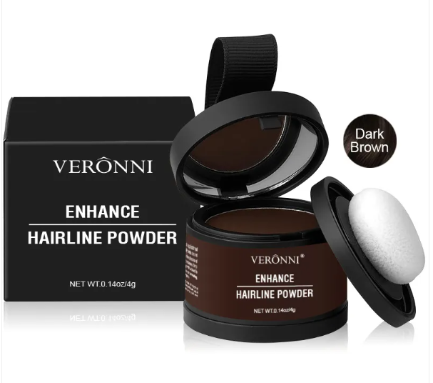 Hairline powder concealer in Dark Brown shade with black compact and applicator puff