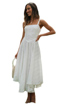 White halter neck maxi dress with spaghetti straps and asymmetrical hem