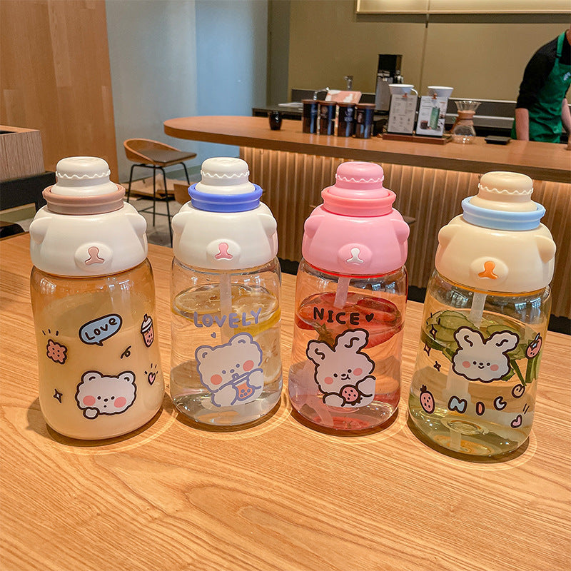 Summer Super Cute Cartoon Water Cup With Straw Portable Student Water Bottle Reusable Logo Print