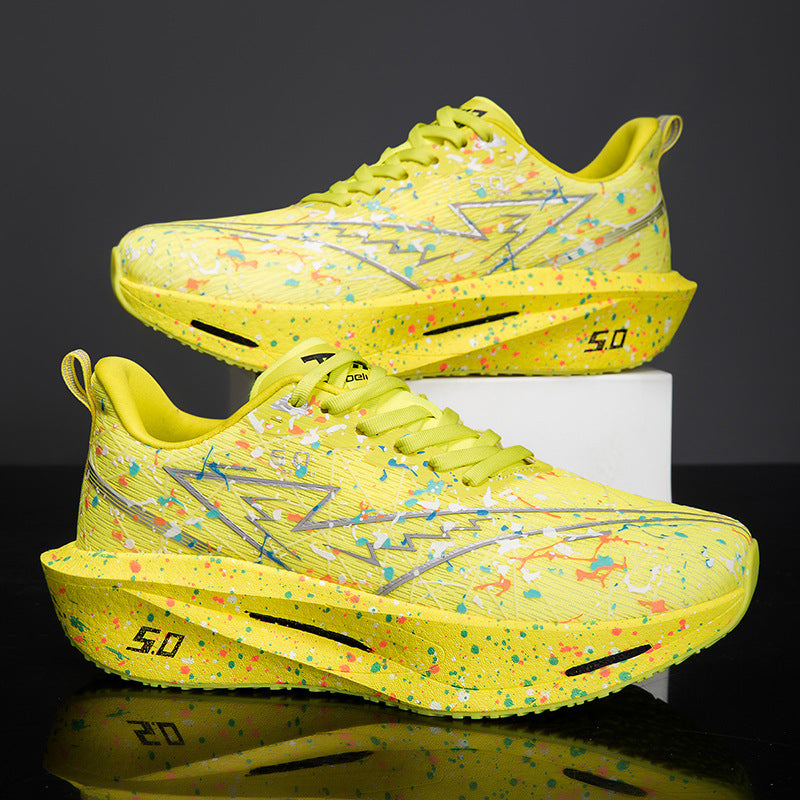 Iridescent patchwork running sneakers, neon yellow lace-up with bold black side stripes