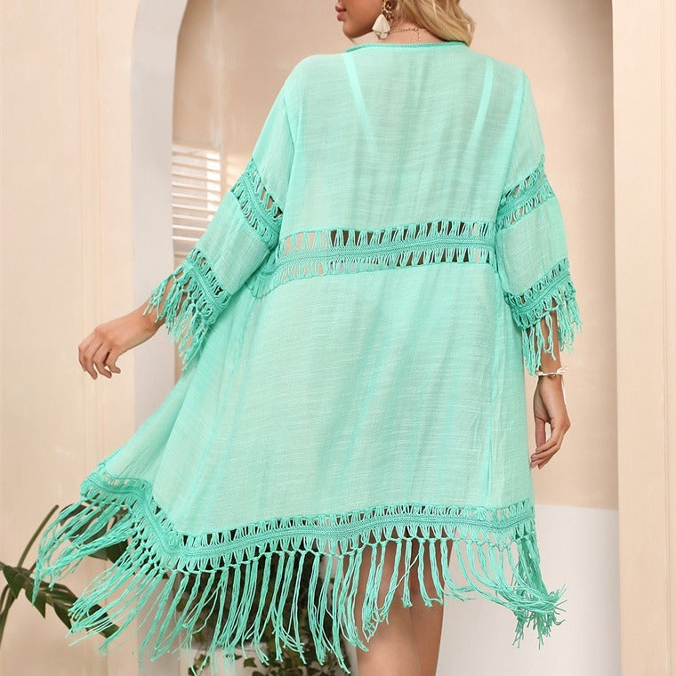 Hand Crocheting Cardigan Stitching Tassel Loose Beach Cover-up