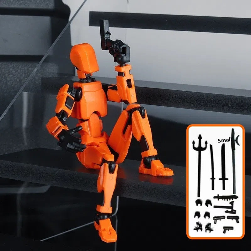 Orange articulated robot action figure with arm blaster and parts card