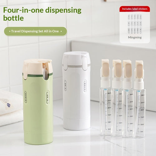 Leakproof travel dispenser bottle set with 2 pump bottles, four small refill bottles, and stand