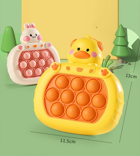 Yellow duck and cream bunny press-and-play bubble pop consoles with orange circles