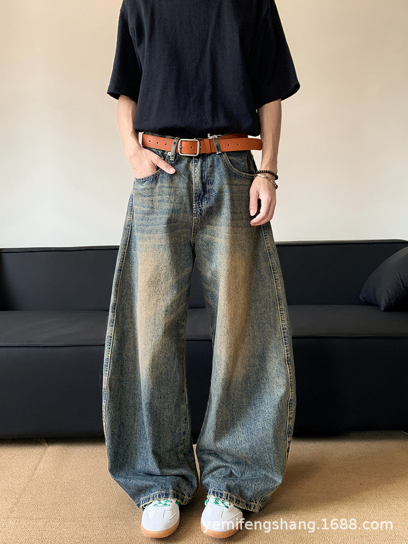 Summer American Retro Distressed Machete Denim Slimming Wide-leg Pants For Men