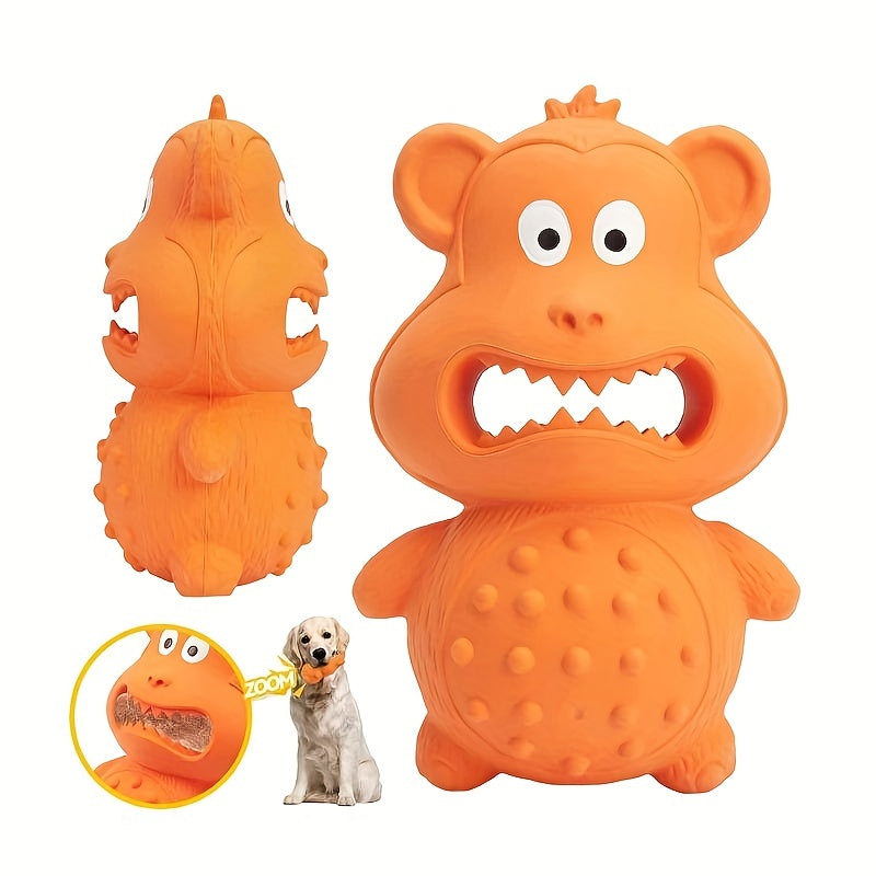 Orange rubber monkey dog chew toy, front and side view, with open mouth