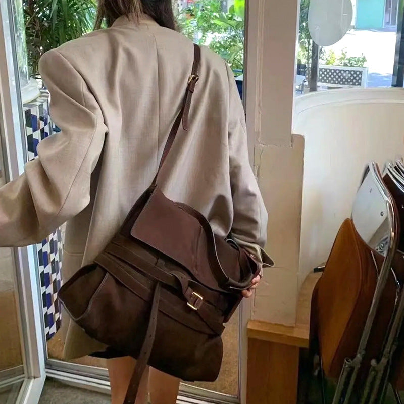 Portable Genuine Leather Shoulder Bag With Buckle Crossbody In Black Small Size 20x10x18cm And Large Size 38x14x29cm