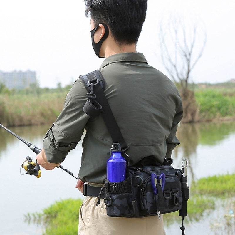 Multifunctional Fishing Rod Waist Bag Crossbody Backpack Canvas Camouflage 22x13cm