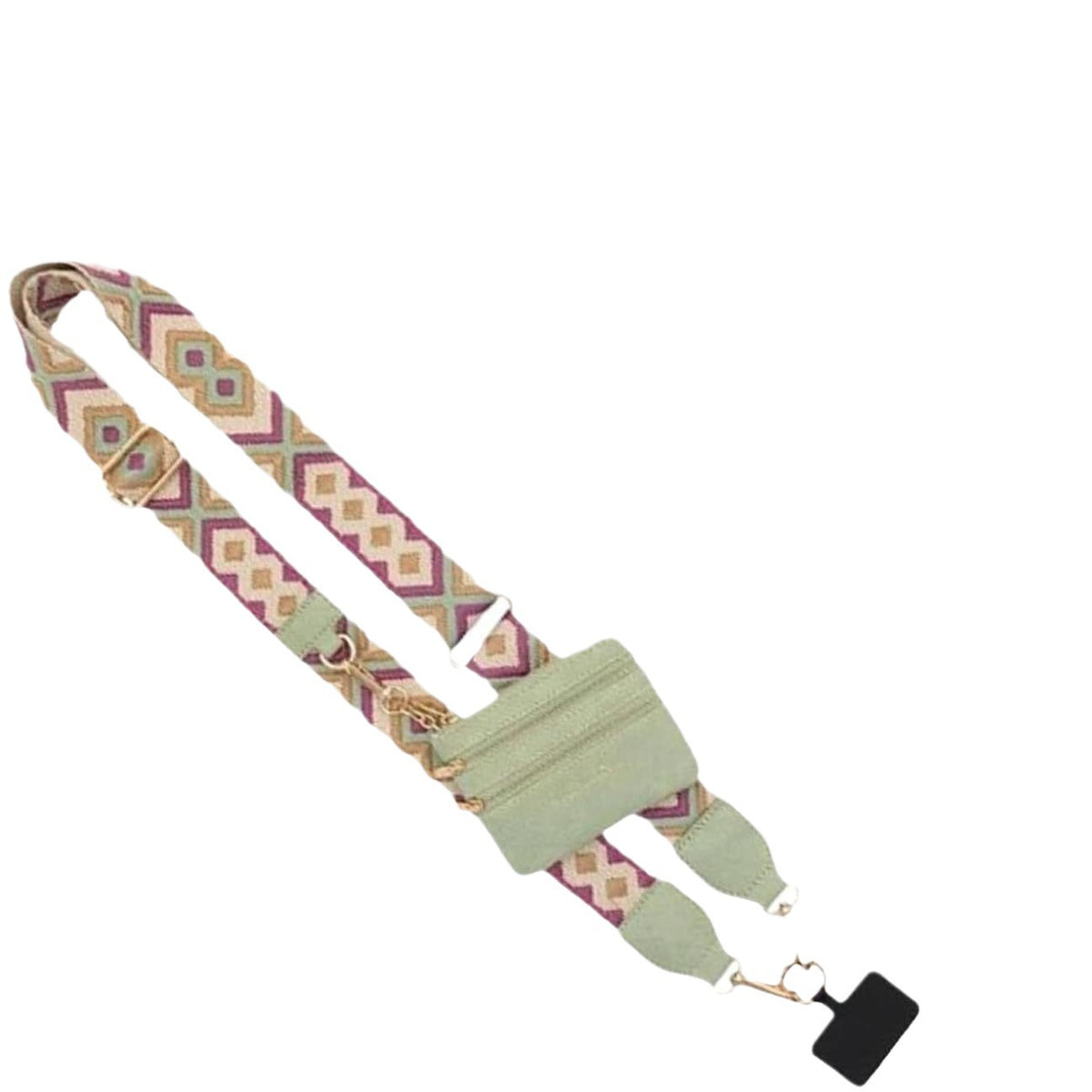 Phone crossbody lanyard strap with zipper pouch, patterned woven strap and mint pouch