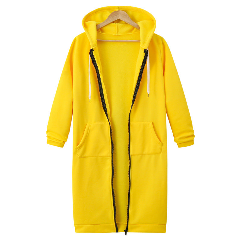 Yellow hooded long-sleeve fleece jacket with full zipper and drawstring hood