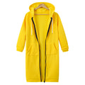 Yellow hooded long-sleeve fleece jacket with full zipper and drawstring hood