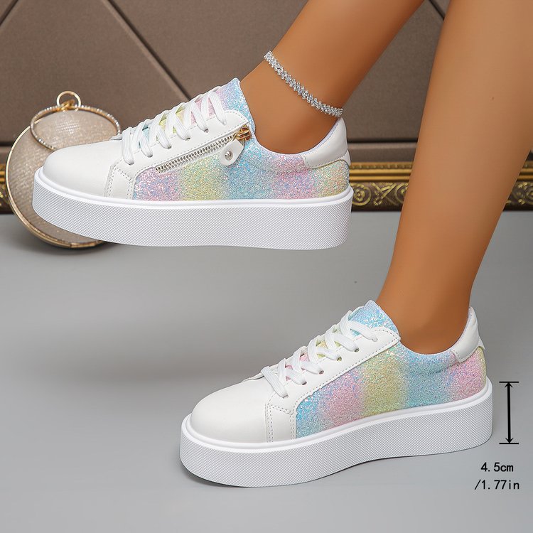 White and pastel glitter lace-up platform sneakers with side zipper and textured sole