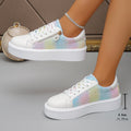 White and pastel glitter lace-up platform sneakers with side zipper and textured sole