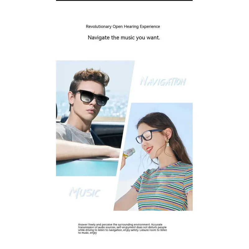 Black smart audio glasses worn by a man and a woman, dark lenses shown