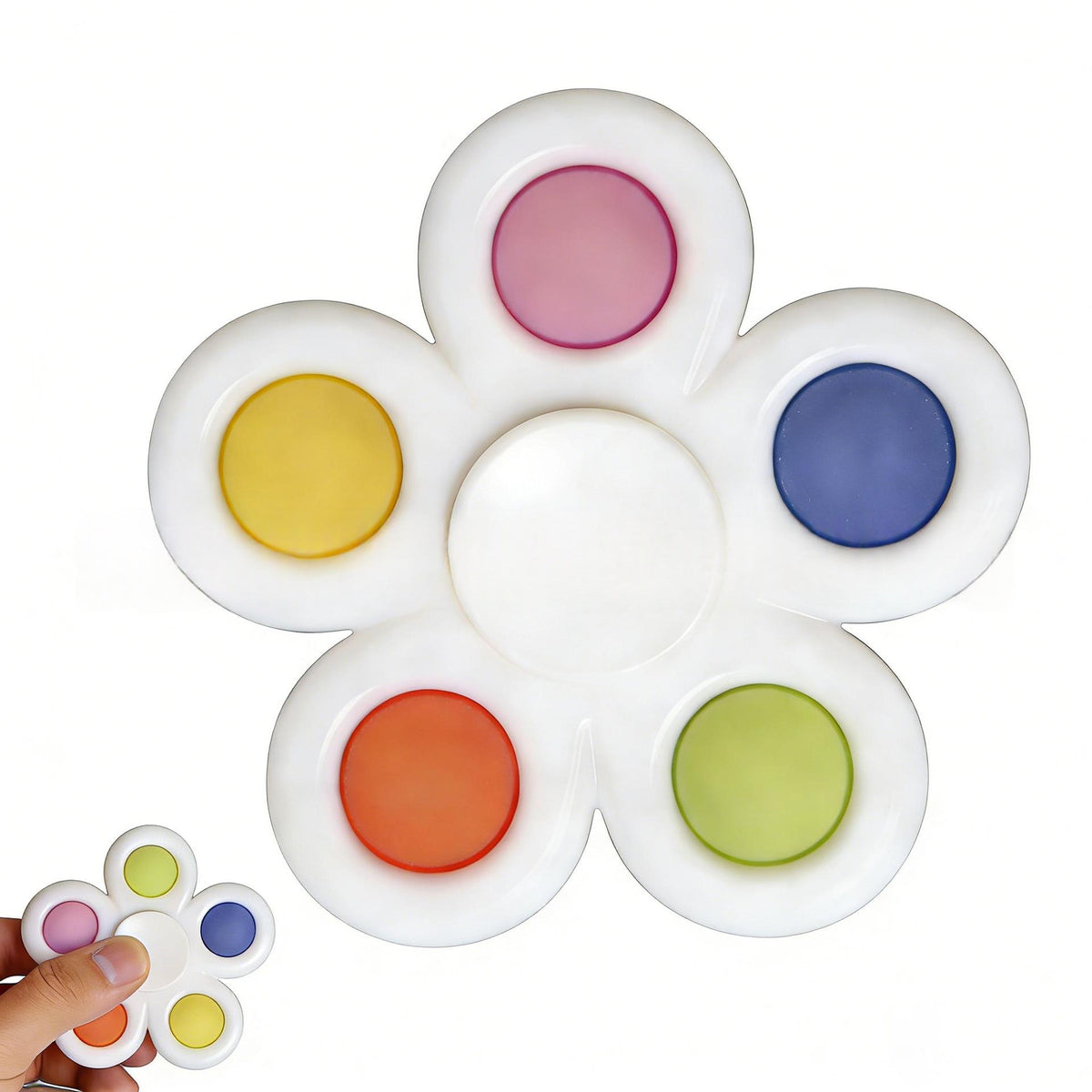 White-shell fidget spinner stress-relief toy with multicolor round buttons