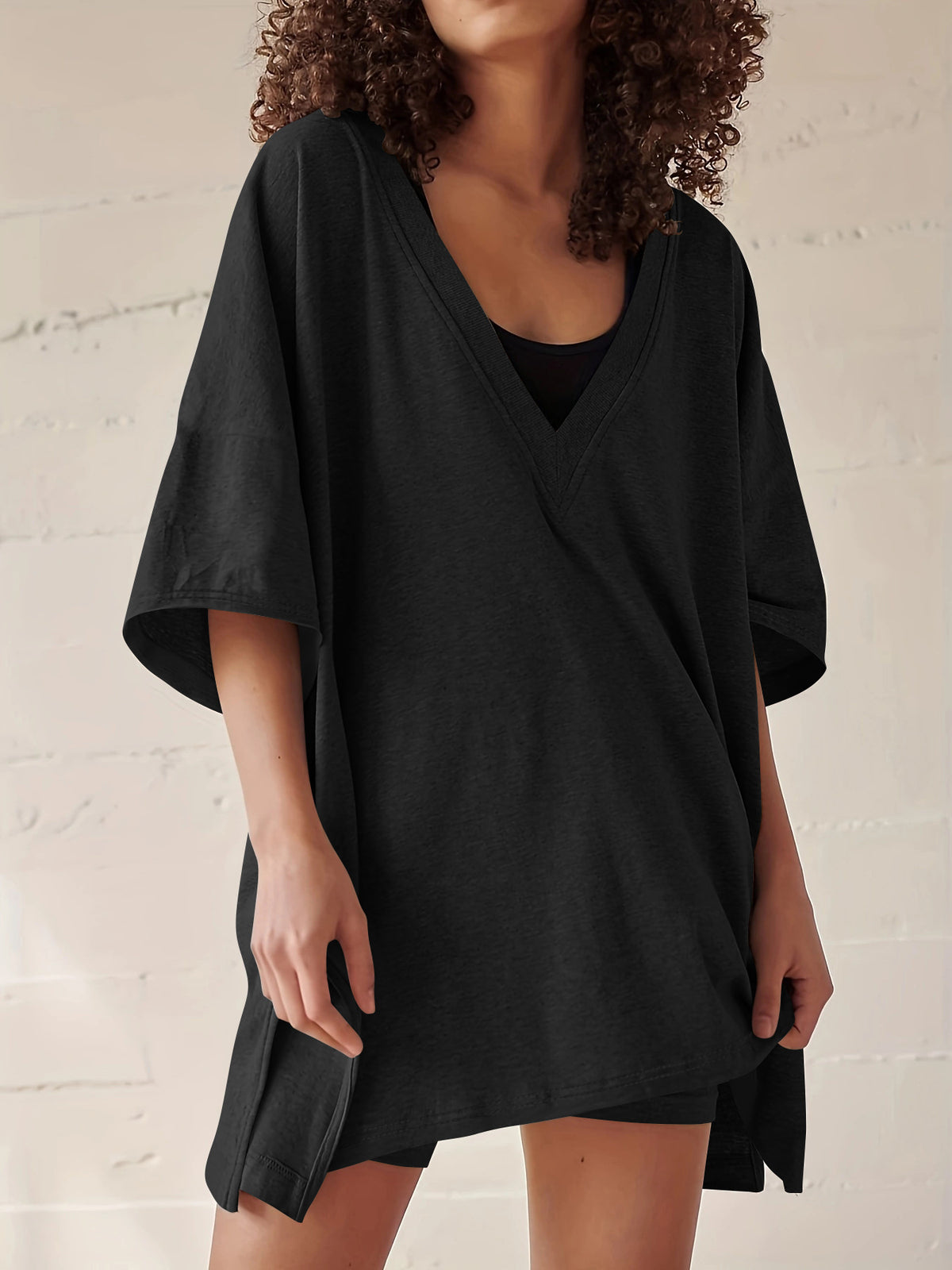 Black cotton short sleeve top and shorts set with V-neck, relaxed loose silhouette