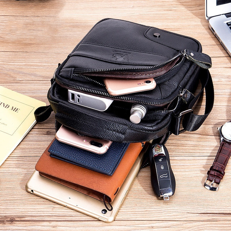 Mens Casual First Layer Cowhide Small Crossbody Bag Genuine Leather Wear Resistant Urban Style