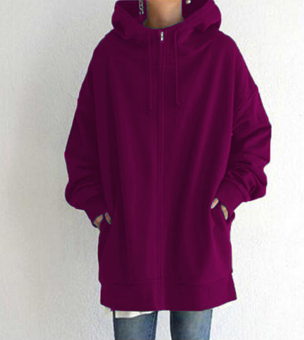 Women’s oversized wine red zip-up hooded coat with long sleeves and drawstring hood