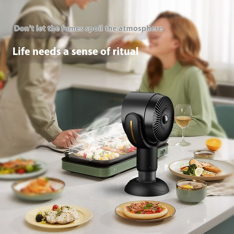 Portable desktop range hood smoke remover in black on a stand, front fan grille