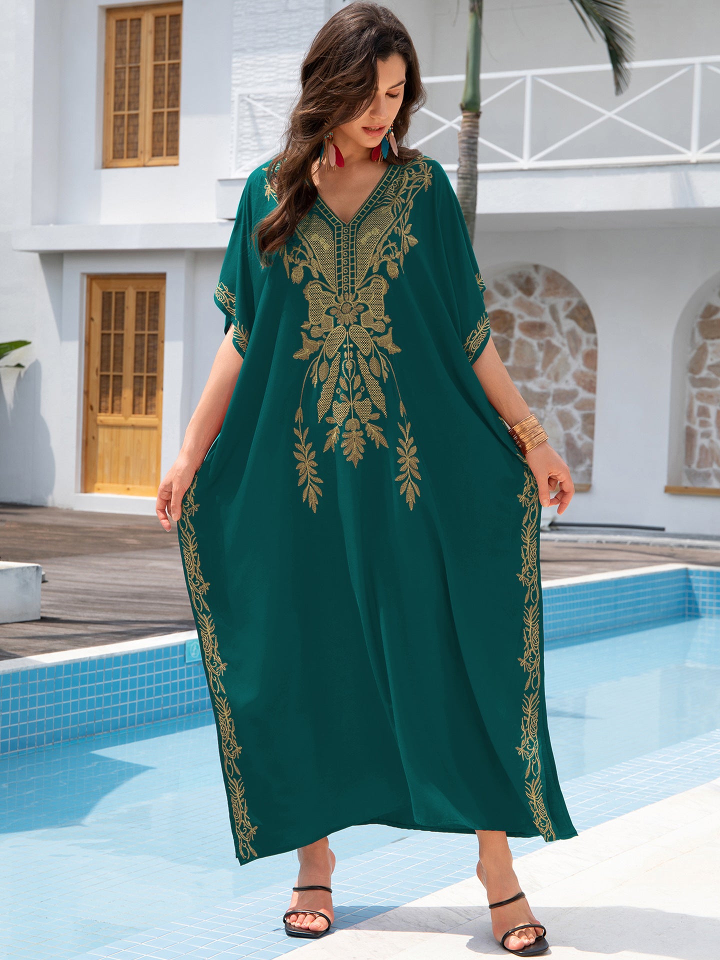 Outerwear Cover-up Rayon Embroidery Plus Size Long Dress Women