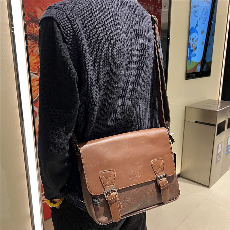 Retro Mens Japanese And Korean Casual Simple Shoulder Fashion Messenger Bag PU Leather Travel Everyday Use