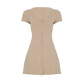 Beige short-sleeve mini A-line dress with button front and scoop V-neck