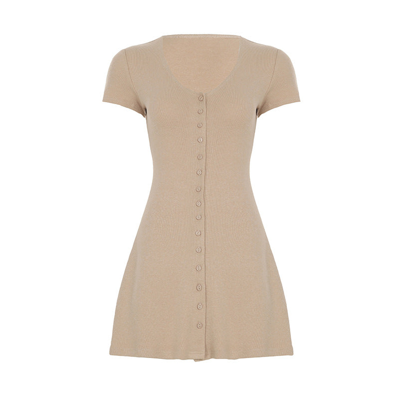 Beige short-sleeve mini A-line dress with button front and scoop V-neck