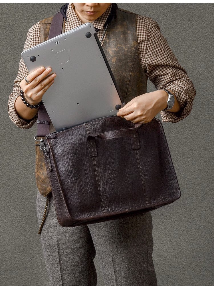 Men's Thick First Layer Cowhide Leather Shoulder Bag With Zipper Closure For Commuter Black Brown